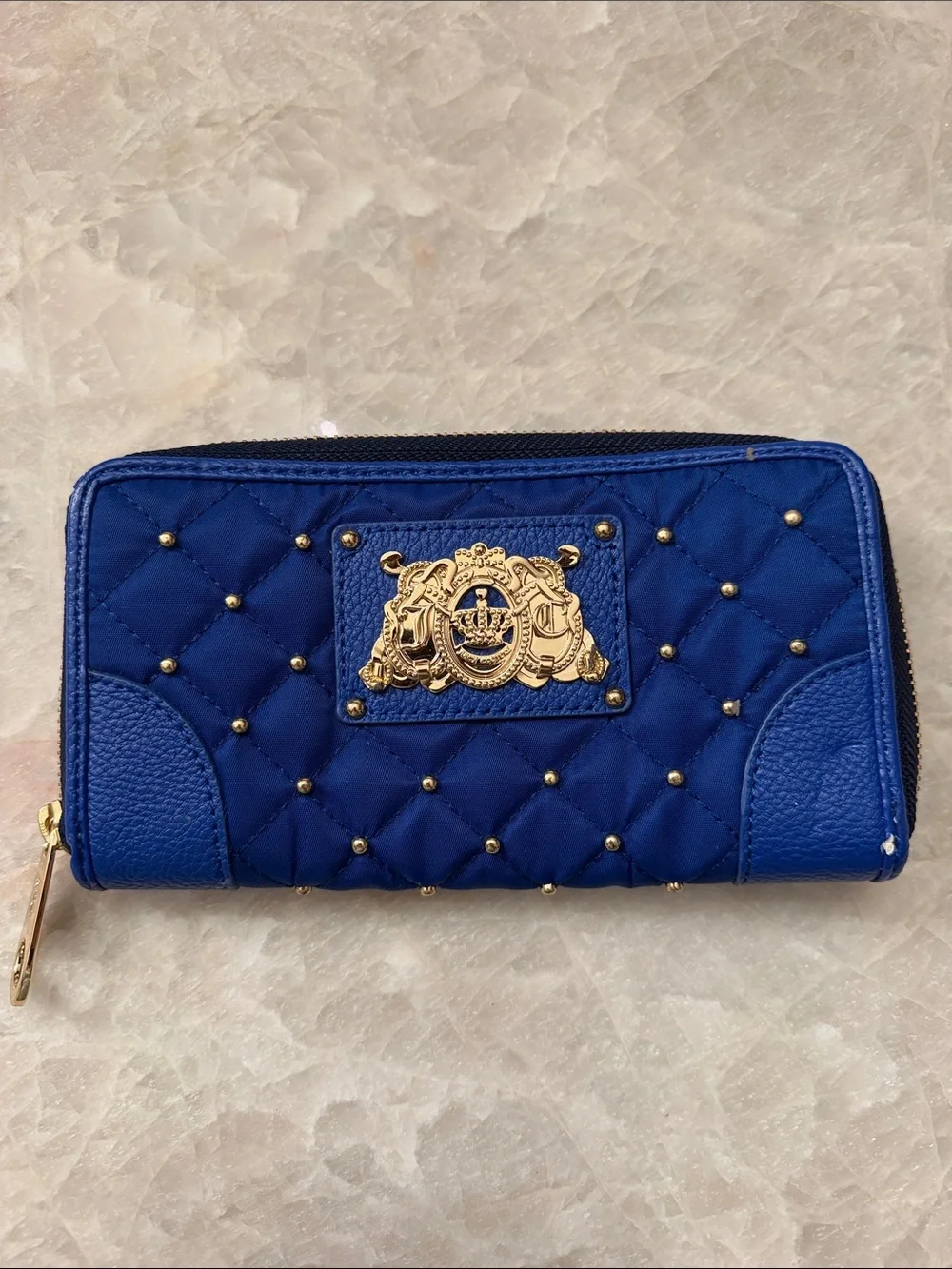 Juicy Couture Quilted Royal Blue Zip Wallet with Gold Crest